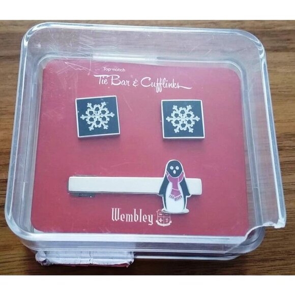 WEMBLEY Holiday Christmas Top-Not Tie Bar Penguin Lapel & Snowflake Cuff Links